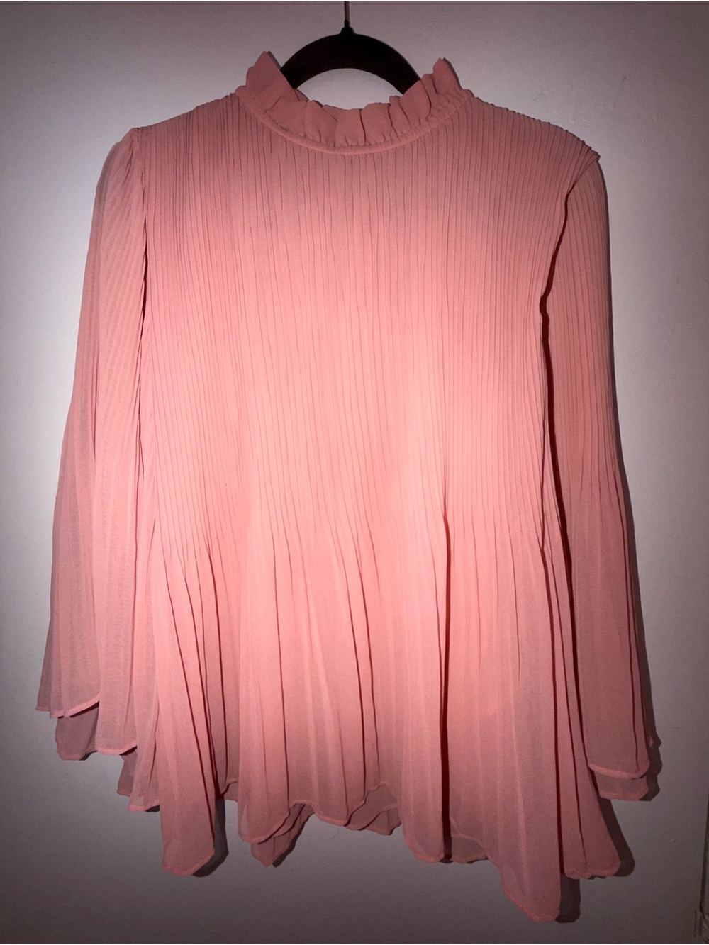 Giorgia & John  Pleated Ruffle Mock-Neck Blouse in Salmon..